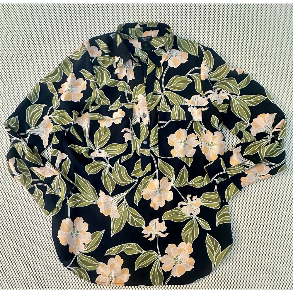 Ann Taylor Blouse Shirt Top Women Size Petite M Floral Tropical Button Up Collar